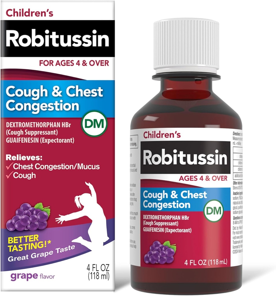 Robitussin Children's Cough and Chest Congestion DM, Cough Medicine for Kids, Grape Flavor - 4 Fl Oz Bottle, 300318715130