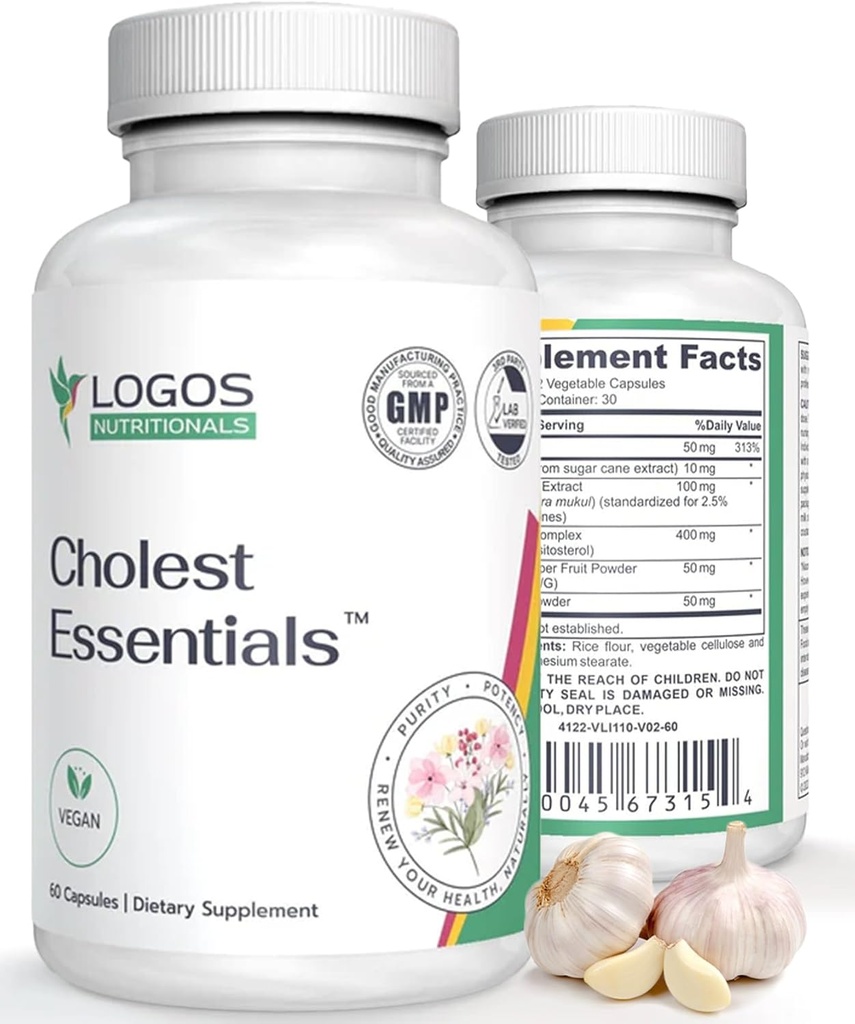 Cholest Essentials - 60 Capsules ← Suplemento Vegan con ajo, Niacin, Policosanol, Guggul, Plant Sterol &amp; Cayenne ← Daily Wellness Capsules for Men and Women