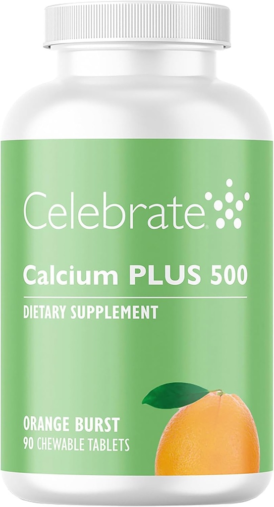 Celebrar Vitaminas Calcio Plus 500 Citrato de Calcio Bariat con Vitamina D3 Chewable, 500 mg, Gratuito de Gluten &amp; Libre de Azúcar, Citrato de Calcio para Pacientes Bariatrices, Entierro Naranja, 90 cuentan