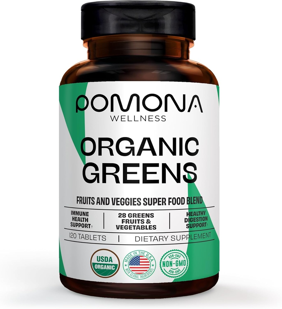 Pomona Wellness Super Greens Suplemento, Lleno de Superfood Vitaminas &amp; Minerales, Frutas & Vegetable, Verdes Polvo para Bloating y Digestión, Gut Health, USDA Organic, Non-GMO, 120 Tablets