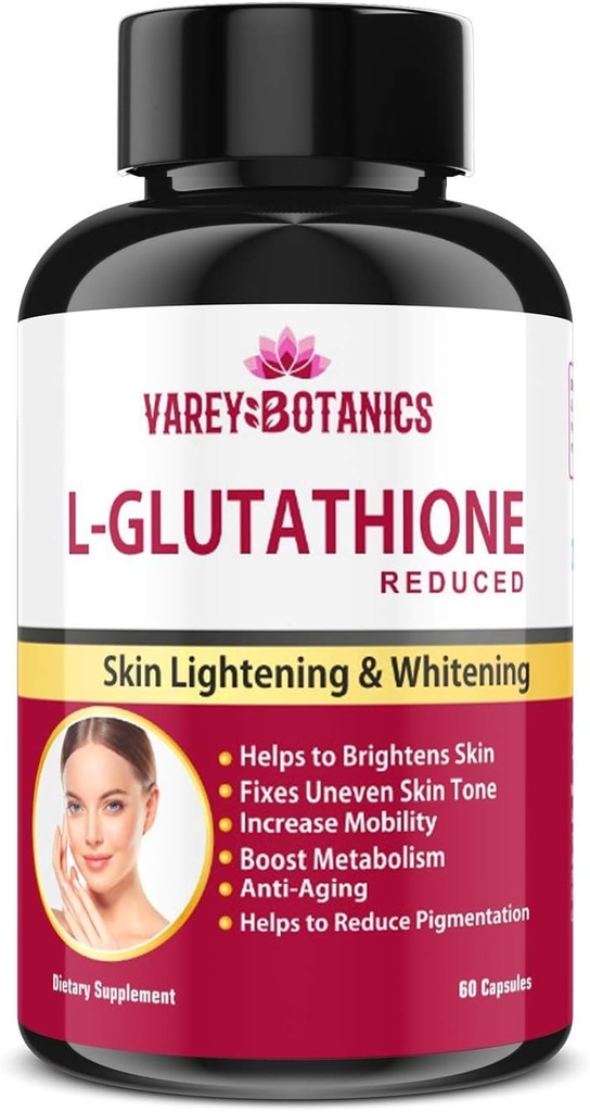 VAREY BOTANIK L-Glutathione Skin Whitening and Lightening Capsules with Vitamin C &amp; E, Biotin and Grape Seed Extract-1000 mg-for Hombres y Mujeres - 60 cápsulas