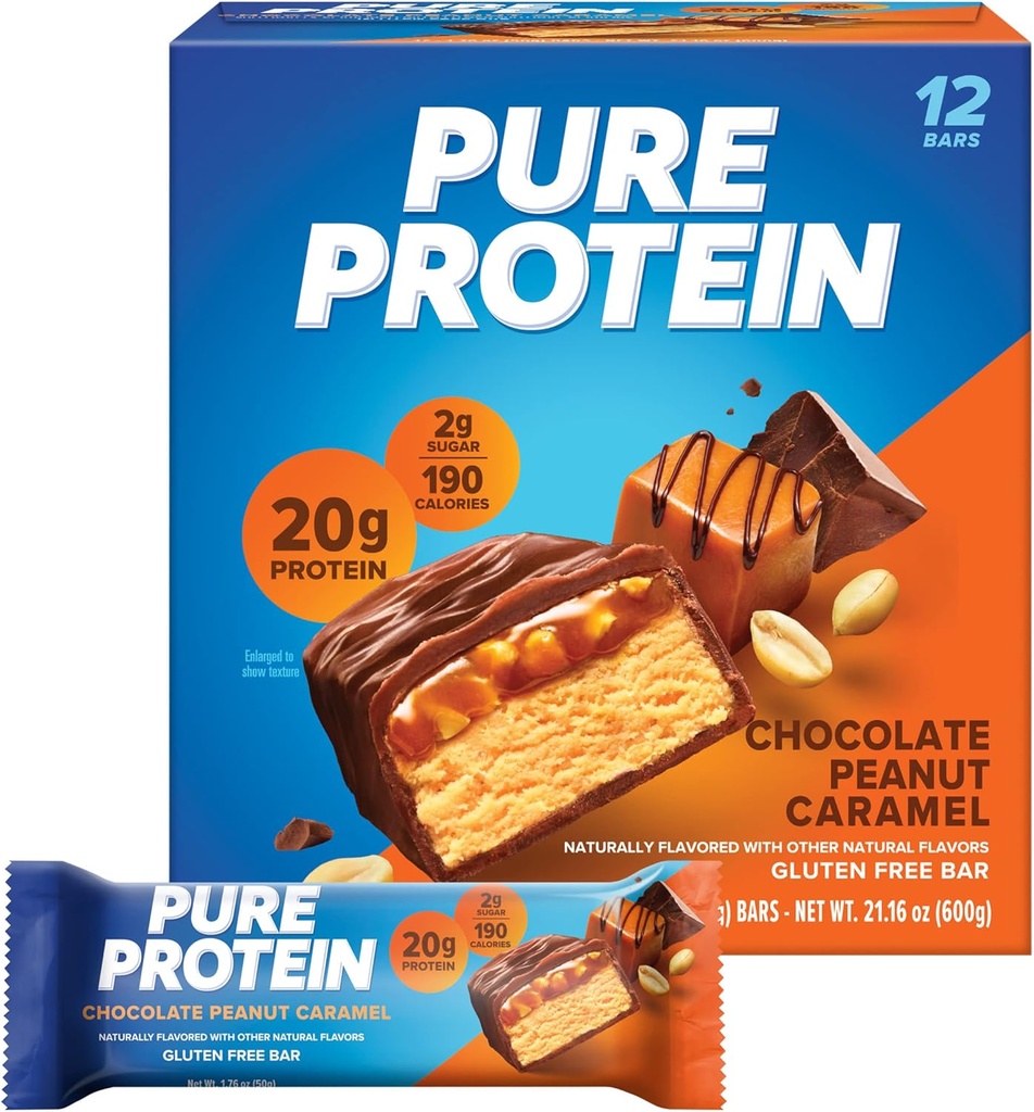 Barras de proteína puras, alta proteína, nutritious Snacks to Support Energy, bajo azúcar, libre de gluten, caramelo de maní de chocolate, 1,76oz, 12 conde (Packaging May Vary)