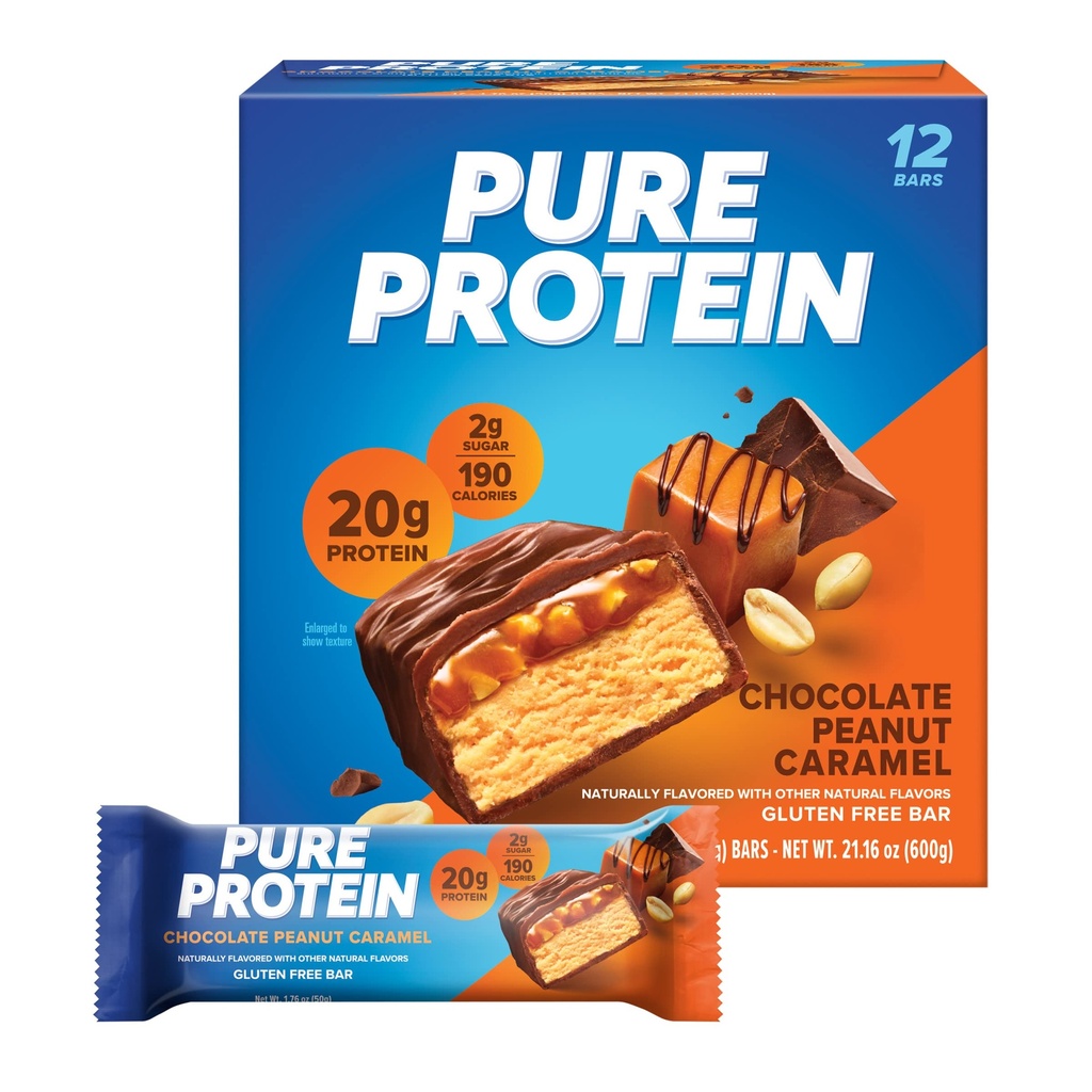 Pure Protein Chocolate Peanut Caramel Protein Bars – 20g Protein, 3g Sugar, 190 Calories (12 count) Low Sugar* High Protein Snack - Gluten Free - Perfect for a Healthy Snack