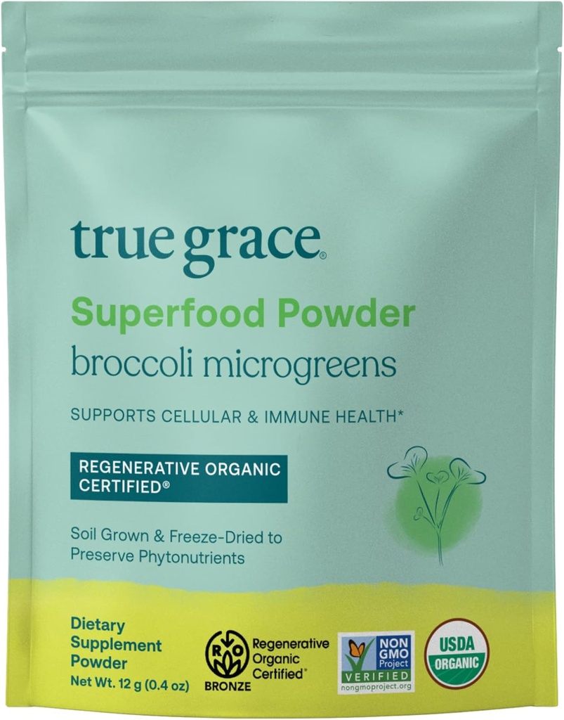 True Grace Broccoli Microgreens - 0.4 oz - Powder de Superalimentos diarios para la salud celular e inmunitaria - Gluten &amp; Soy Free, Vegan, Regenerative Organic Certified - 30 Servings
