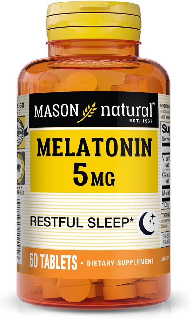 Mason Melatonina natural 5 mg con B6 &amp; Calcio, Ayuda natural al sueño, soporta sueño reparador, 60 tabletas