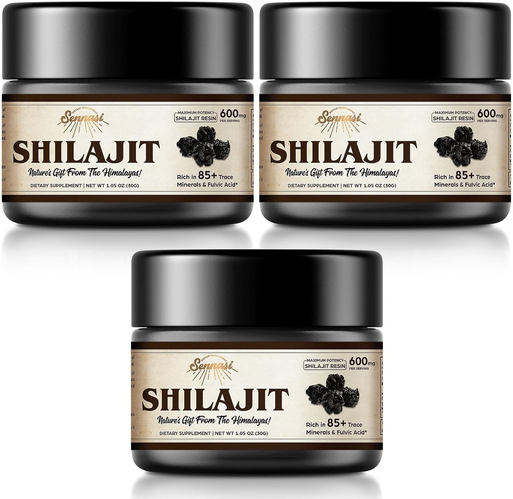 Shilajit Puro Himalayan Orgánica Shilajit Resin - 600mg Máxima Potencia Natural Shilajit Resin con 85+ Minerales Trace & Ácido Fulvico para la Energía, Apoyo Inmunitario, 30 Gramos (3 Pack)