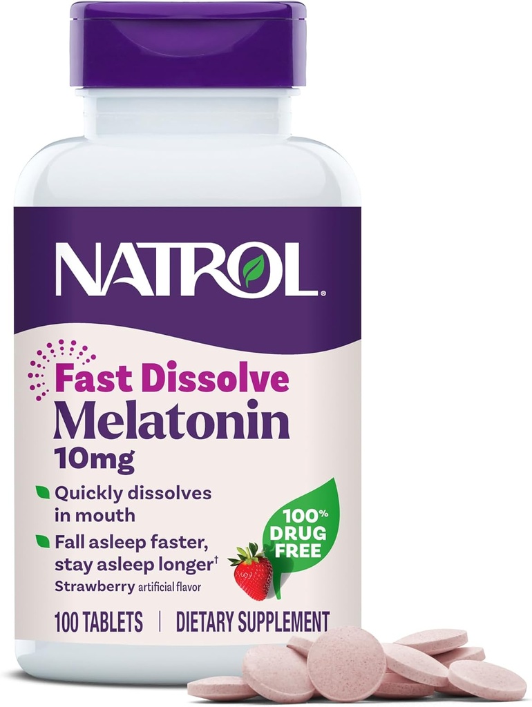 Natrol Fast Dissolve Melatonin 10mg Tablets - Strawberry Flavor, 100 Cuenta, Sleep Support Melatonin Tablets for Adults, 100-Day Supply