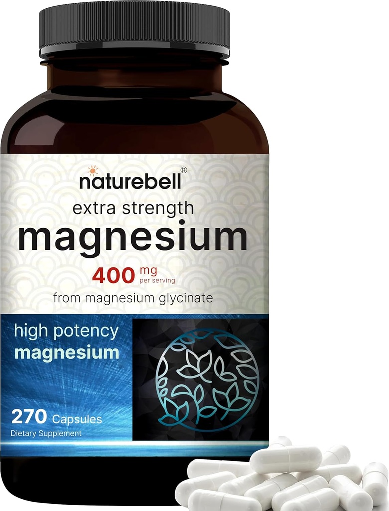 NatureBell Magnesium Glycinate 400mg Elemental, 270 Capsules tención 100% Chelated for High Absorption ¦ Apoya Muscle, Bone & Heart Health ← Non-GMO, Gluten-Free, Vegan