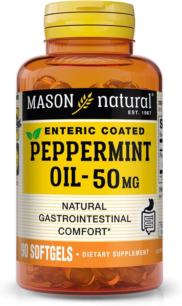 MASON NATURAL Peppermint Oil 50 mg Enteric Coated Suplemento, 90 Day Supply of Gastrointestinal Support for Normally Functioning Bowel, Softgel Pills