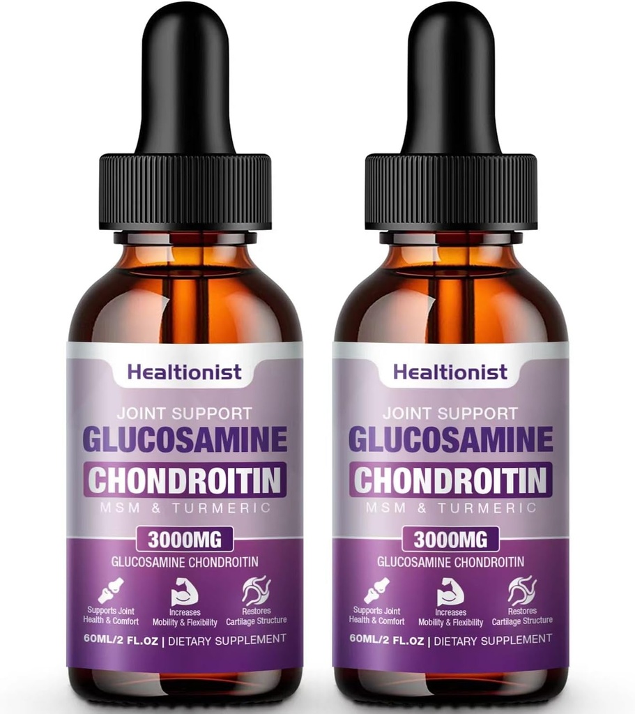 2 Pack Glucosamine Chondroitin MSM Liquid Drops, Extra Strength Joint Support Supplement for Adults Men &amp; Women, Quercetin Boswelia, Bromelain, Antioxidant Immune Support (4 Fl oz)