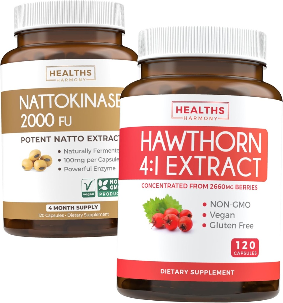 Nattokinase " Hawthorn (4-Month Supply) Nattokinase Berry Harmony - Nattokinase 2000 FU Potentes Soybeans naturalmente fermentados (4-Month Supply) " Hawthorn Berry 4:1 Extract - Vegan and Non-GMO