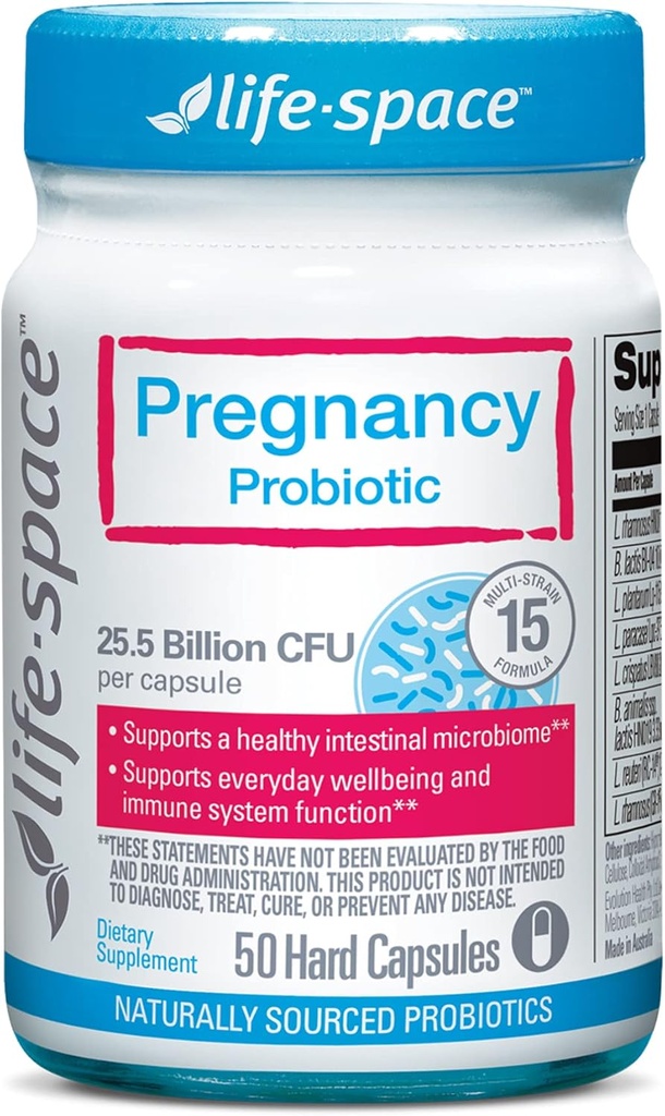 Probiótico de Embarazo de Vida, 25,5 millones de UF &amp; 15 Estrechos Probiótico para Mujeres, Procedido Clínicamente para la Salud Digestiva, Inmunitaria y Esquía de Mamá, 50 cápsulas