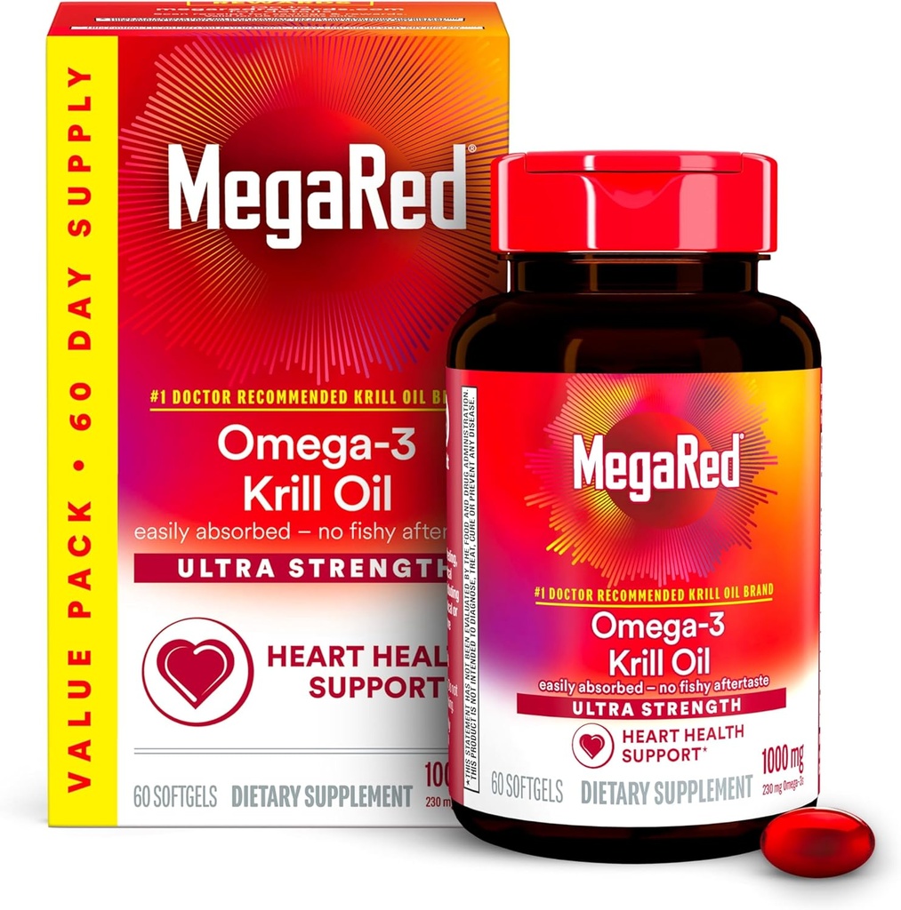 MegaRed Ultra Strength 1000mg Omega-3 Krill Oil Supplement with EPA/DHA, Astaxanthin & Phospholipids, No Fish Oil Aftertaste Supports Heart, Brain, Joint and Eye Health, 60 Count Softgels.