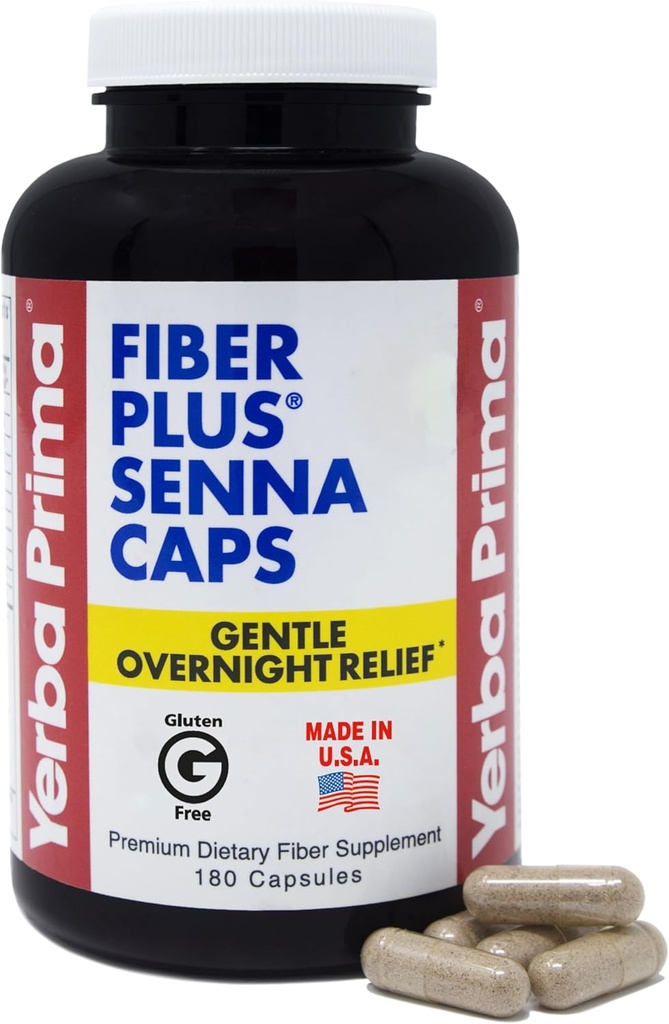 Yerba Prima Fiber Plus Senna Capsules, 180 Conde - Gentle Overnight Relief, USA Made, Non-GMO, para uso a corto plazo para restaurar la regularidad
