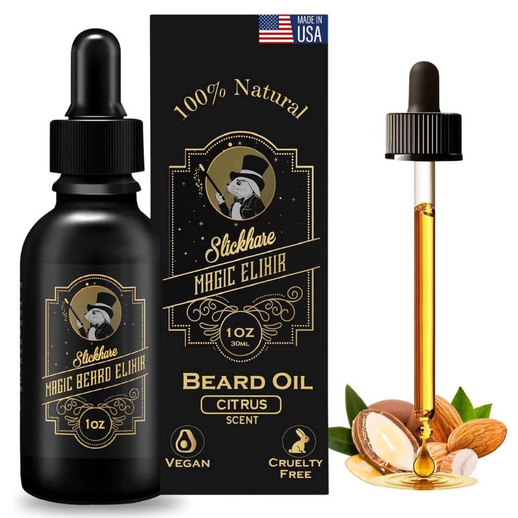 Slickhare Beard Oil for Men | All Natural, Organic Beard & Mustache Growth Oil For Mens | 1 Fl oz Pack of 1, Made in USA | Gifts for Men, Boyfriend| Husband | Citrus Scented Beard Softener for men