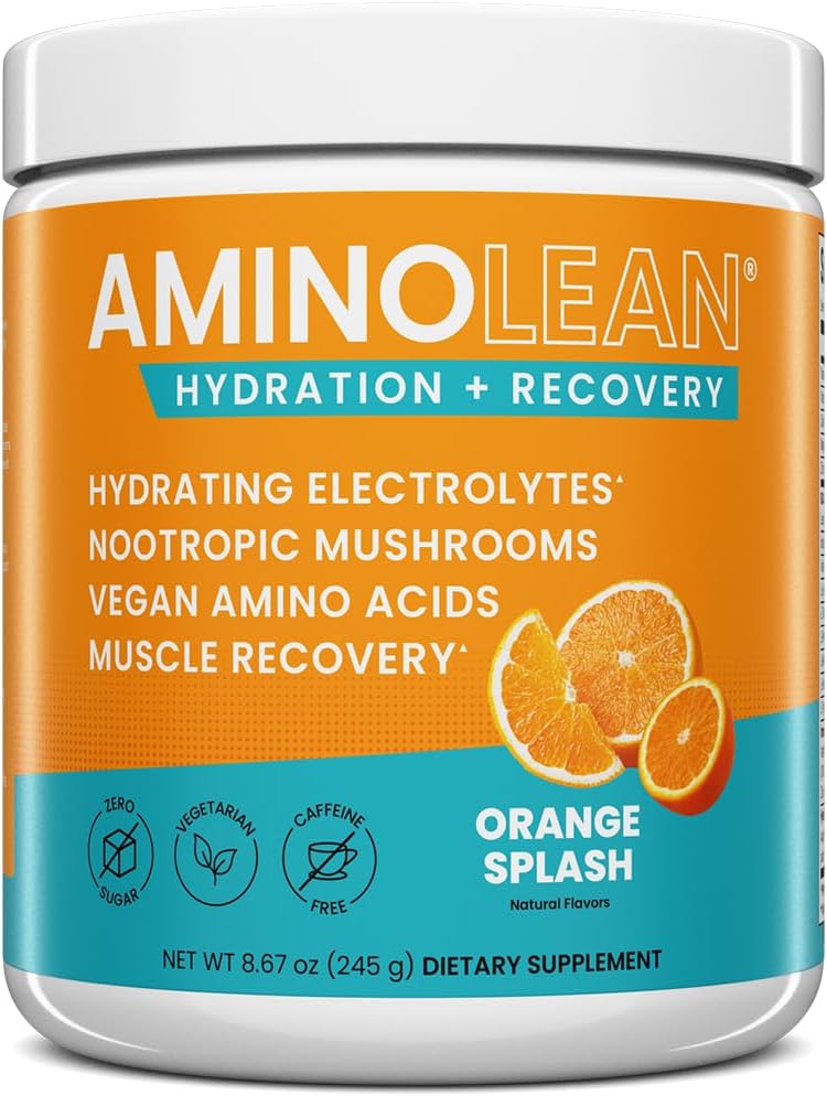 AminoLean Hidrating Electrolyte Powder and Recovery Drink with Sea Minerals, Nootropic Mushrooms, and Vegan Amino Acids, BCAAs + EAAs for Post Workout Muscle Building, Orange Splash