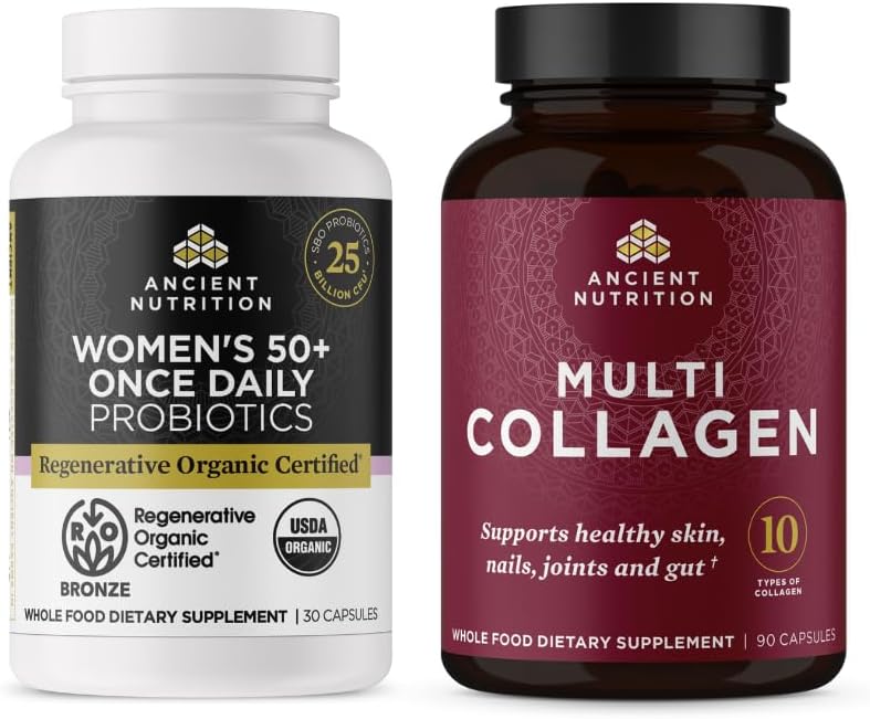Antigua Nutrición Regenerativa Certificada orgánica Mujeres 50+ Probióticos Capsules, 30 Cuenta + Cápsulas Multi Collagen, 90 Condes Servidores
