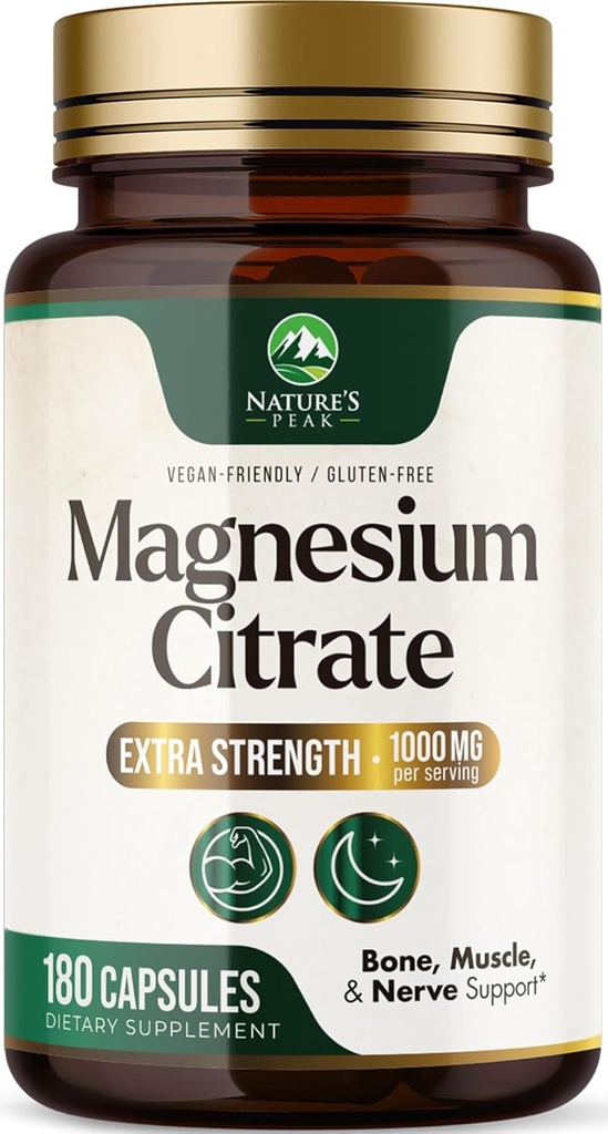 Citrato de magnesio 1000mg - Suplemento de Magnesio de alta absorción Soportes Muscle, Bone, Nerve & Heart Health - Extra Strength Magnesio Complex Pills - Non-GMO, Premium Energy Formula - 180 cápsulas