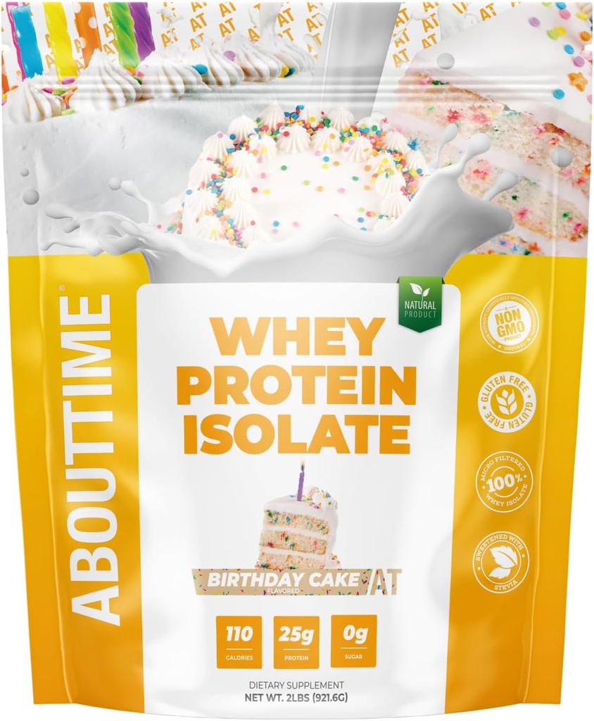 Acerca del tiempo Whey Protein Isolate Powder 25g Pastel de Cumpleaños, Ingredientes Naturales, No Gluten-Free, Lactose-Free, Cero Sugar, Bajo Carb, 32 Servimientos