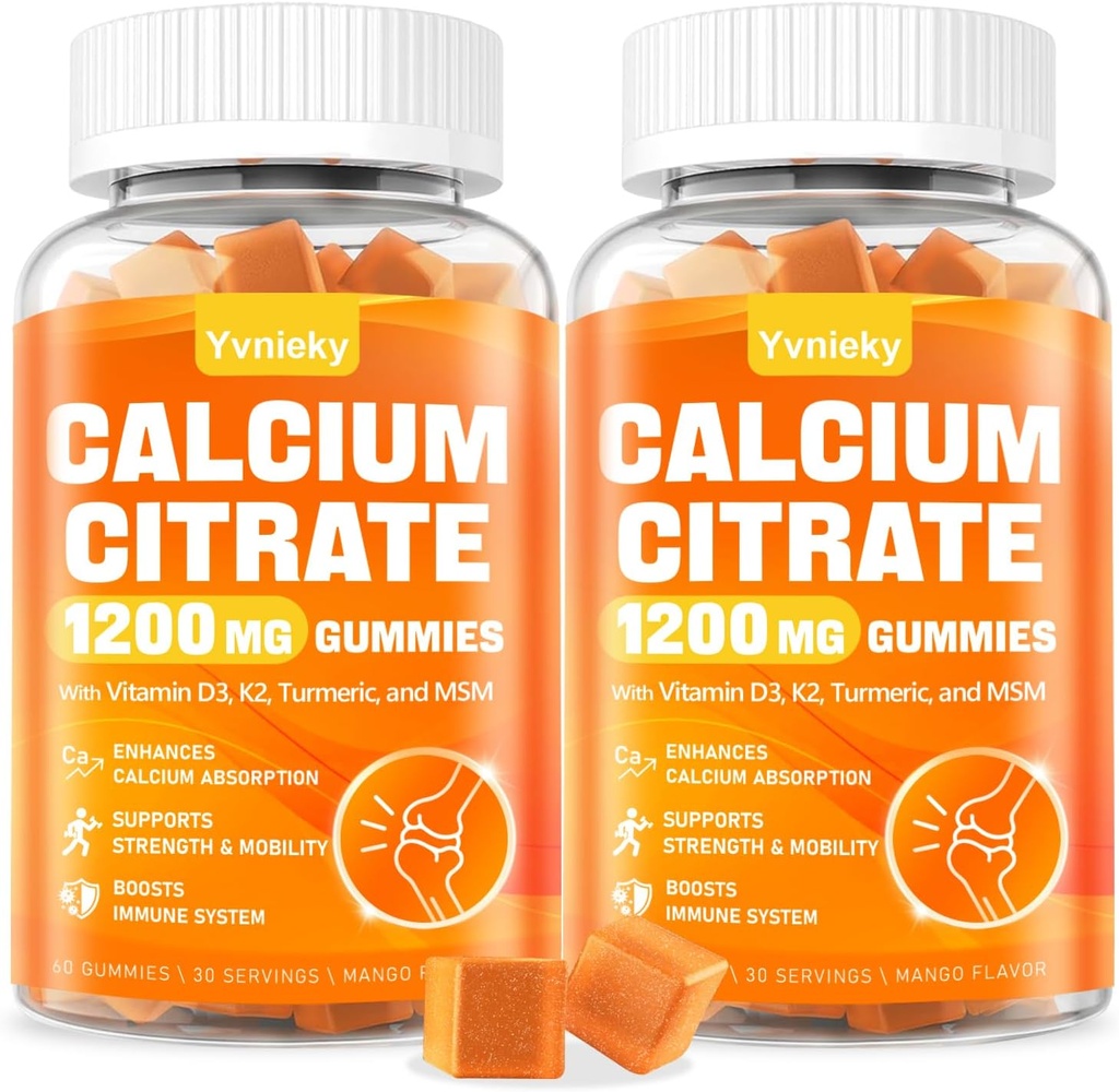 Calcio 1200 mg con vitamina D3 Suplemento Gummies para adultos - Calcio Citrato con vitamina D3, K2, Turmérico, MSM para Mujeres Hombres - Soporte Estrépido Muscle Immune - Sugar Gratis, Natural Mango Flavor