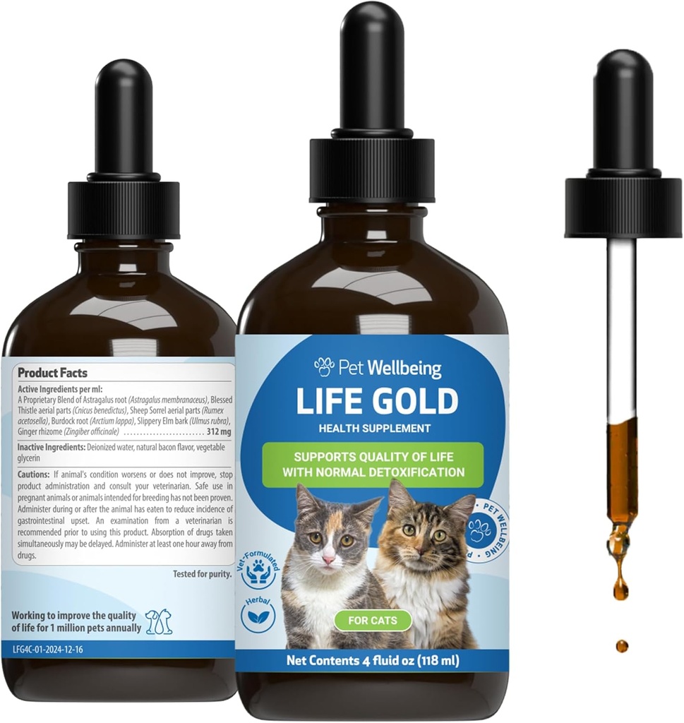 Mascotas Bienestar Vida Oro para gatos - Soporta Detoxificación, Sistema Inmunitario Salud, Antioxidantes - Suplemento Herbal Formulado Vet – 4 oz (118 ml)