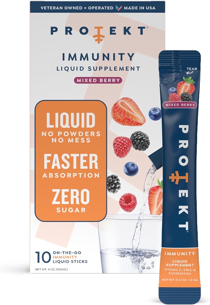 PROTEKT Liquid Immune Support Supplement - Liquid Drink Mix, Immunity Supplement, Immune Boosters for Adults, Sugar-Free with Vitamin C and Zinc Immunity Support - Mixed Berry 10ct