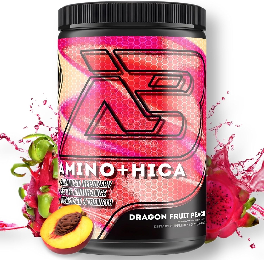 Amino + HICA EAA Suplemento TENIDO Recuperación Mejorada, Mejor Resistencia, Mayor Fuerza, Energía, Hidratación ANTE Bcaa, Electrolitos, Leucine, Polvo, 30 Servimientos (Dragon Fruit Peach)