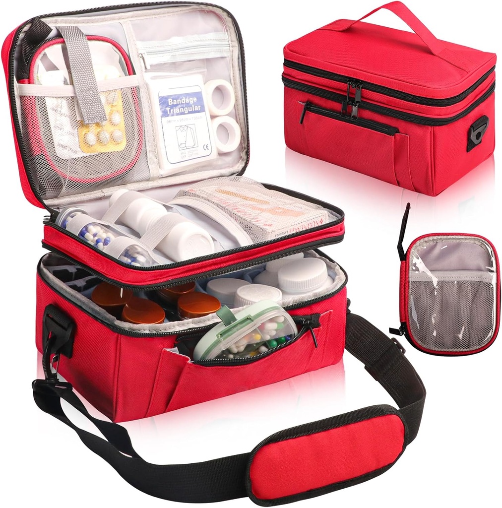 Bolsa de medicina para viajar con bolsa pequeña portátil, caja de almacenamiento de botellas de doble capa con cremalleras bloqueables, caja de viaje de medicación cargada con correa de hombro (Bag SOLAMENTE), rojo