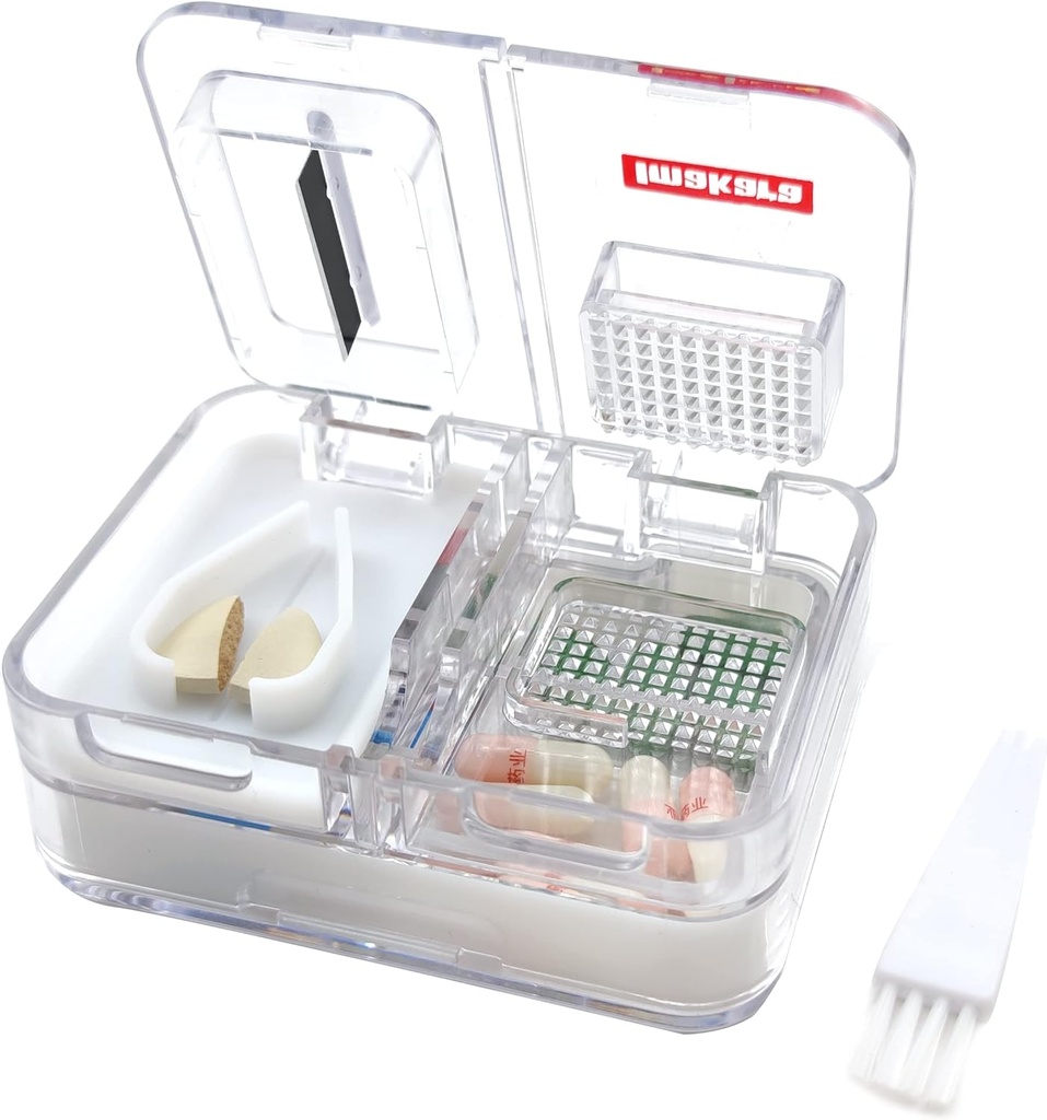 Caja de píldoras de viaje Medicina, Suplementos, organizador de píldoras de vitaminas Caja de píldoras de uso diario con trituradora de píldoras y rejilla (White)