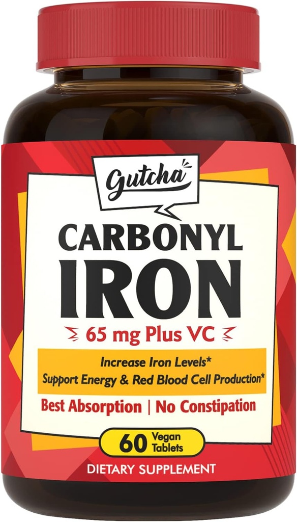 Suplemento de hierro, 65 mg Carbonyl Iron Plus Vitamina C, Energy & Blood Support for Women ' Men, Better Absorption, Gentle on The Stomach, No Nausea, No Constipation, Vegan, Non-GMO, 60 Ct