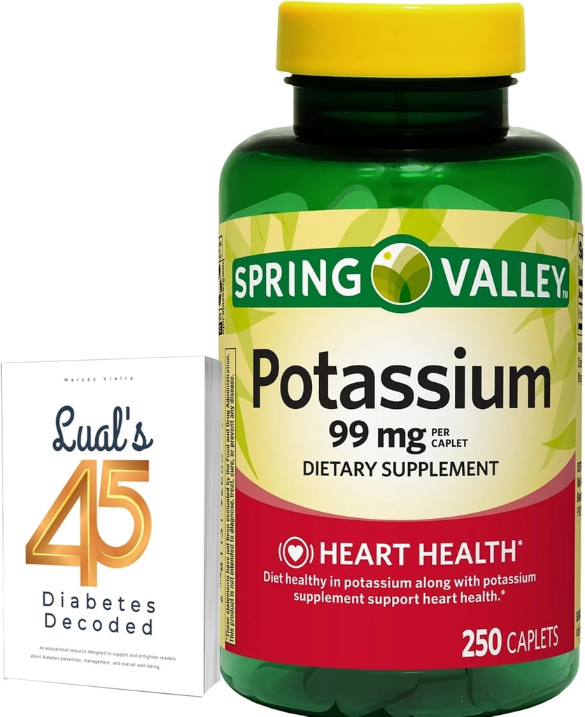 Spring Valley Potassium Heart Health Dietary Supplement Caplets, 99 mg, 250 Conde, Potassium Gluconate Bundle with Lual's 45 Diabetes Decoded