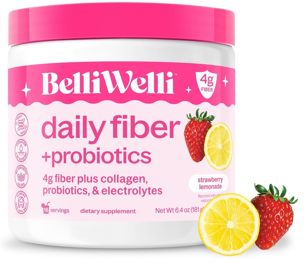 Belli Welli Fiber Suplemento para Mujeres Men, Premium Daily Fiber Powder de Acacia Orgánica con Agregado Collagen, Electrolytes sensibleProbióticos, No Bloat, Constipation limitadaGut Health Support (Strawberry Lemonade)