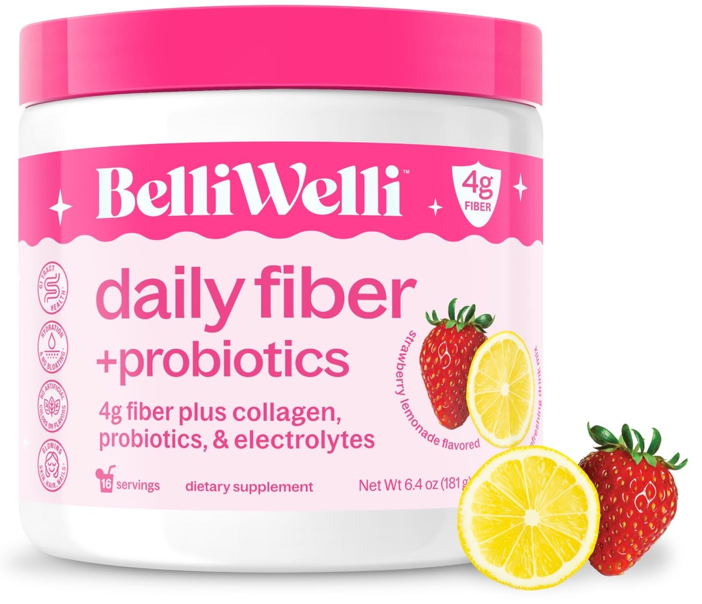 Belli Welli Fiber Suplemento para Mujeres Men, Premium Daily Fiber Powder de Acacia Orgánica con Agregado Collagen, Electrolytes sensibleProbióticos, No Bloat, Constipation limitadaGut Health Support (Strawberry Lemonade)