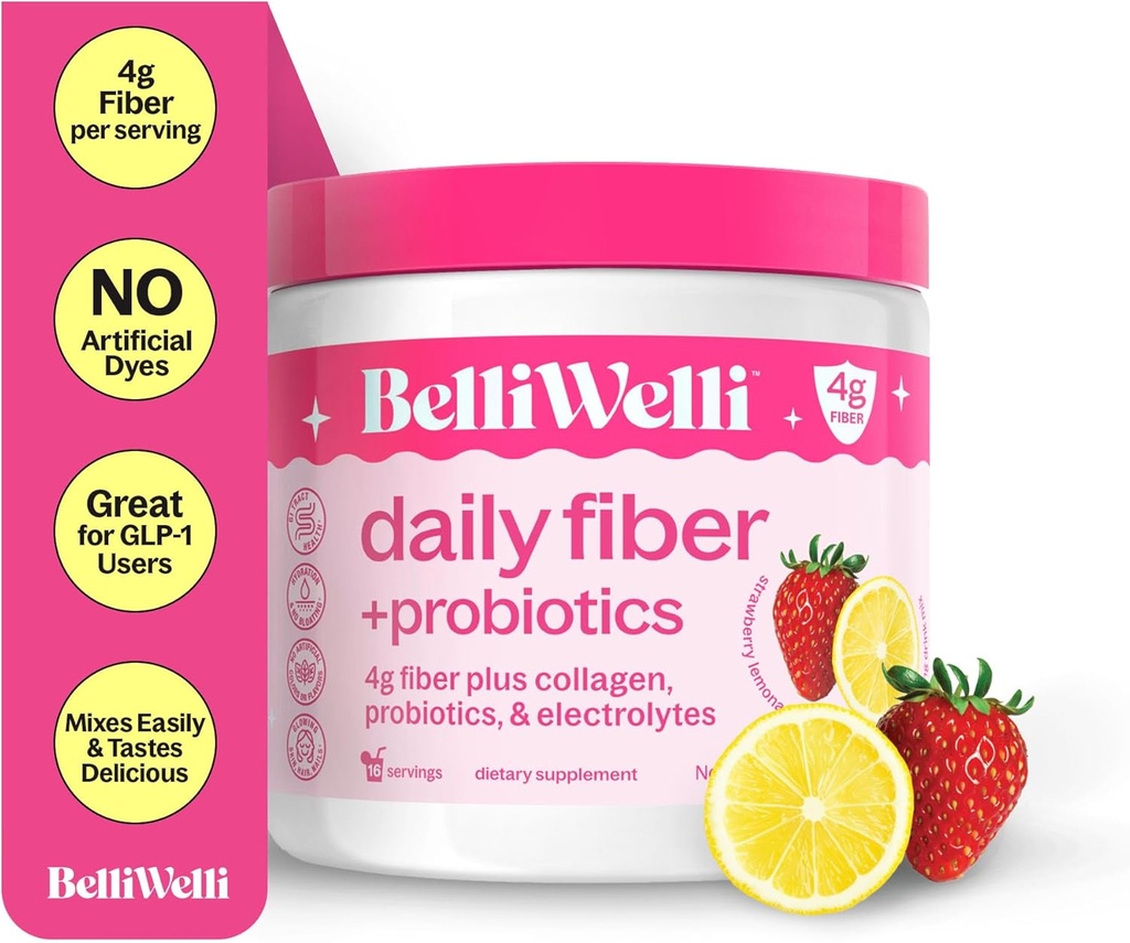 Belli Welli Fiber Suplemento para Mujeres Men, Premium Daily Fiber Powder de Acacia Orgánica con Agregado Collagen, Electrolytes sensibleProbióticos, No Bloat, Constipation limitadaGut Health Support (Strawberry Lemonade)