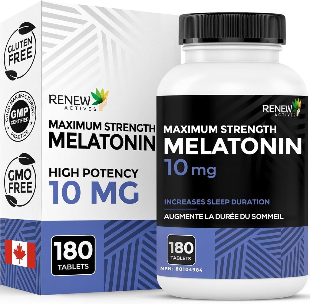 Renovar Activos Melatonin 10mg por Serving – Promueve un Más Profundo, Más largo &amp; Ideal para el manejo del sueño, Jet Lag &amp; Reset Your Sleep Cycle - Made in Canada - 180 Tablets