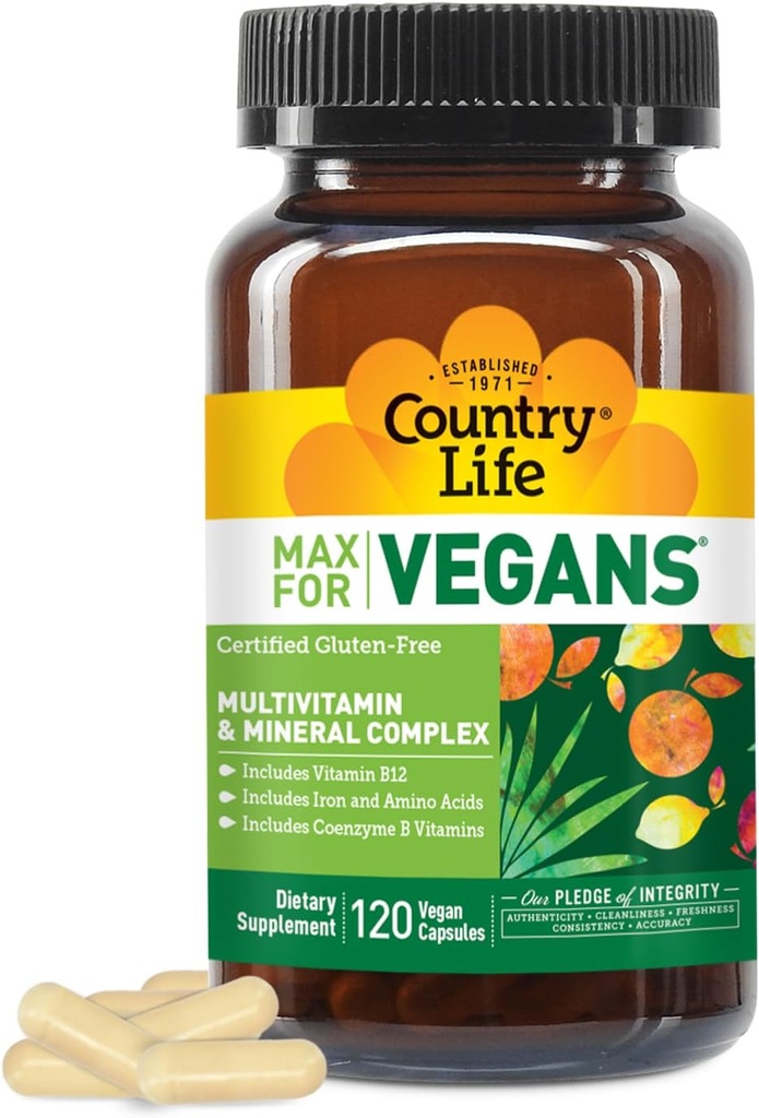 Country Life Max for Vegans - 120 Vegan Capsules - Daily Multivitamins - Immune Support Supplement - Contiene Vitamina B12, Hierro, Aminoácidos, Coenzima B Vitaminas - Sin gluten
