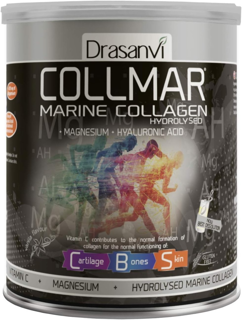 Drasanvi Collmar Collagen marino hidrolizado con pólvora de magnesio 300g / 10.58ounce / Vanilla Flavor - para un cartílago y huesos de piel saludable - ayuda a minimizar la fatiga y la fatiga