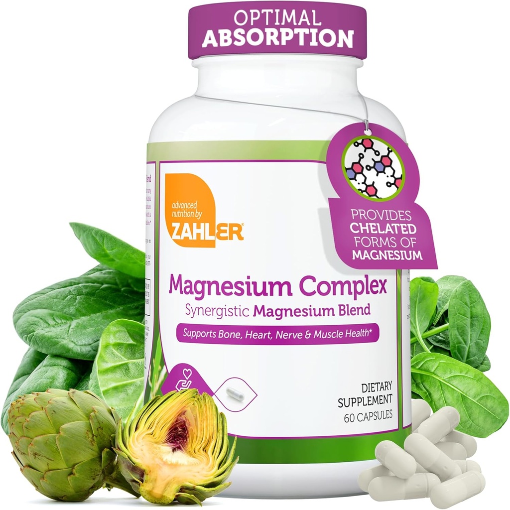 Zahler Magnesium Complex Suplemento - Multi Magnesium Supplement Blend with Magnesium Glycinate, Malate, Aspartate, Taurinate y Oxide Plus Vitamina B6 - Bone Nerve Heart & Muscle Health (60 Capsules)
