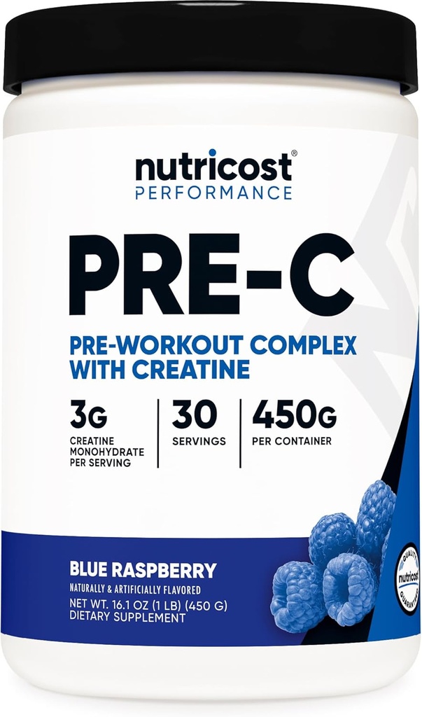 Nutricost Pre-C Pre-Workout Complex with Creatine (Blue Rasberry | 30 Servings) Powder - Boost Fintess Routines, 450g