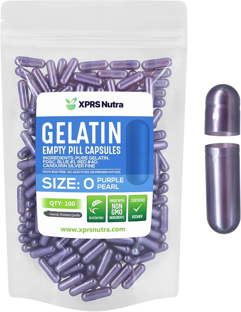 XPRS Nutra Tamaño 0 Empty Capsules - 100 Conde Empty Gelatin Capsules - Píldoras para el relleno de cápsulas DIY - Pure Bovine Pill Gel Caps for Do-It-youself Suplementos (Pearl Purple)