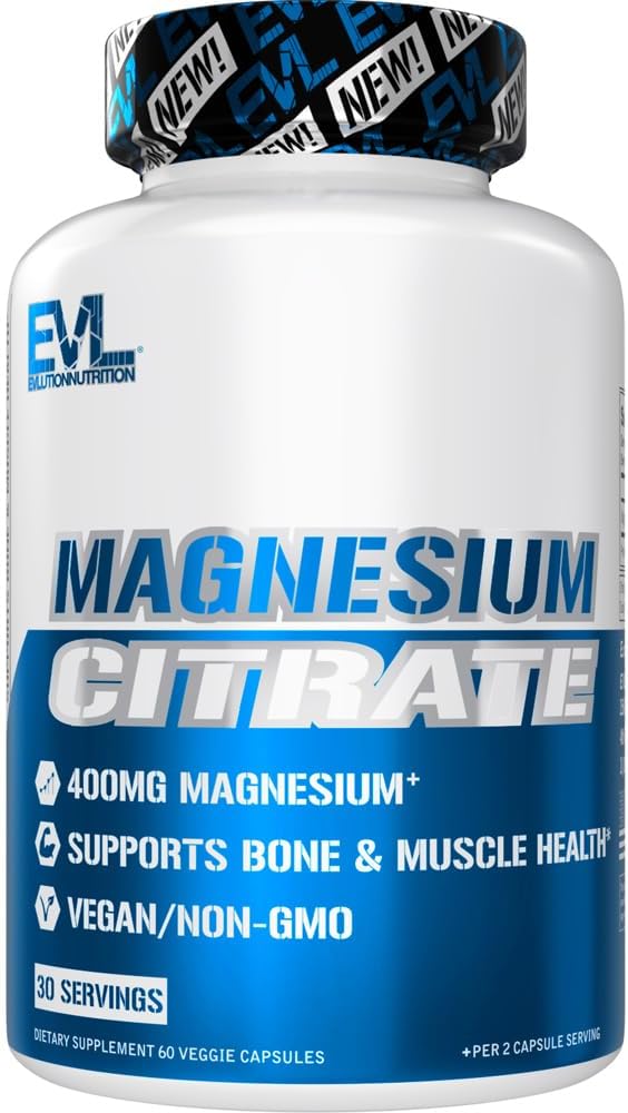 EVL Magnesium Citrate Capsules 400mg - Muscle and Bone Health Supplement with Pure Magnesium Citrate for Muscle Relax and Bone Strength - 60 Veggie Capsules for Health