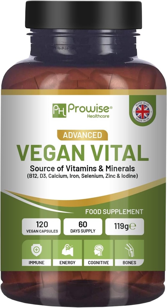 Multivitaminas y Minerales Vegan Vital ← 120 Cápsula Multivitamina Vegan Silencioso Calcio, Vitamina B12, Vitamina B2, Vitamina D3, Selenio, Iodine, Zinc & Iron ← por Prowise Healthcare