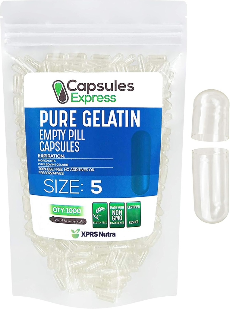 XPRS Nutra Size 5 Empty Capsules - 5000 Count Very Small Clear Empty Gelatin Capsules - Pills DIY Capsule Filling - Fillable Pill Gel Caps for Do-It-Yourself Vitamin Supplements