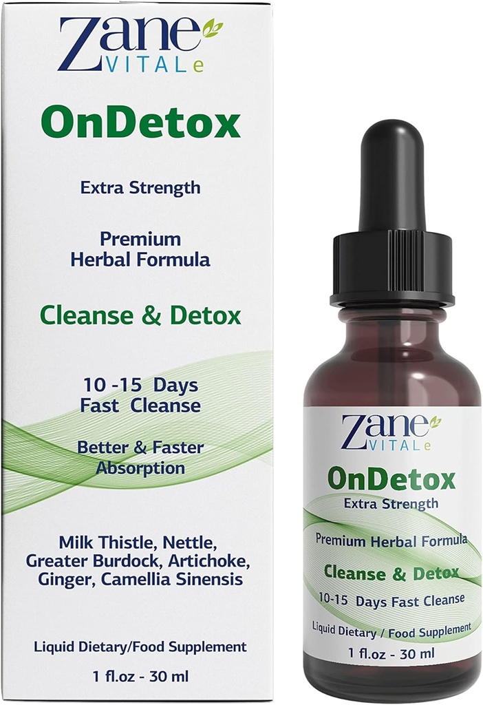 Zane OnDetox -10 – 15 Días Limpieza rápida y soporte ← Detox &amp; Reparación Suplemento con Milk Thistle, Nettle, Greater Burdock, Artichoke &amp; More ← Vegan ← No-GMO TEN Gluten-Free TEN 1 Fl Oz.- 30ml