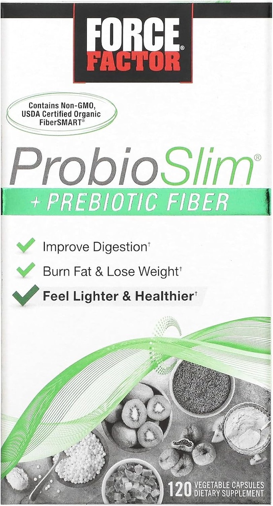 Force Factor ProbioSlim + Prebiotic Fiber Weight Loss Supplement for Women and Men, Probiotic and Prebiotic Digestive Health Support with Green Tea Extract and Psyllium Husk Fiber, 120 Capsules