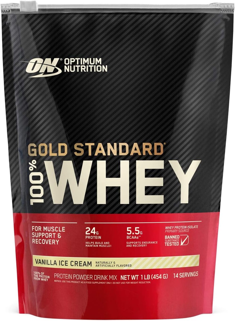 Optimum Nutrition Gold Standard 100% Whey Protein Powder, Vainilla Ice Cream, 1 libra (Packaging May Vary)