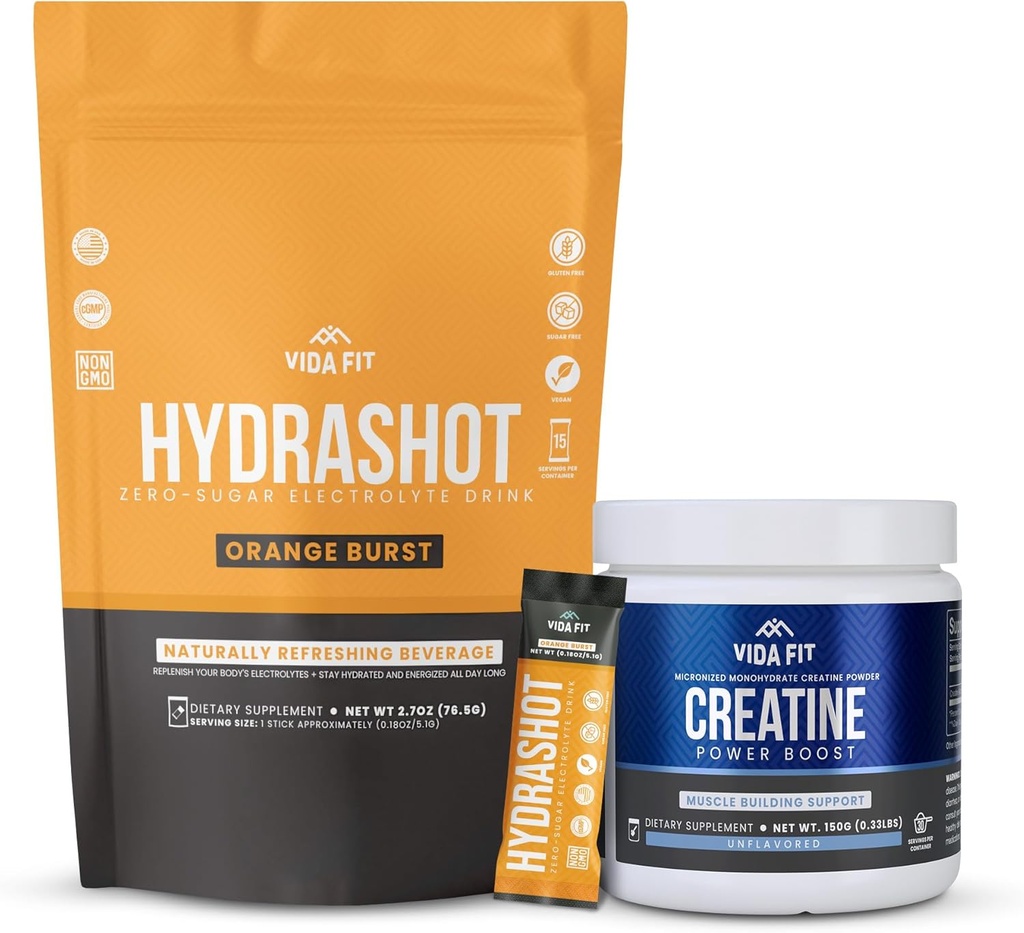 Hydration & Performance Bundle: 150g Micronized Creatine Monohydrate & Hydrashot Orange Electrolyte Hydration Powder (15 Servings) – Sugar-Free, Vegan y Perfect for Endurance & Recovery