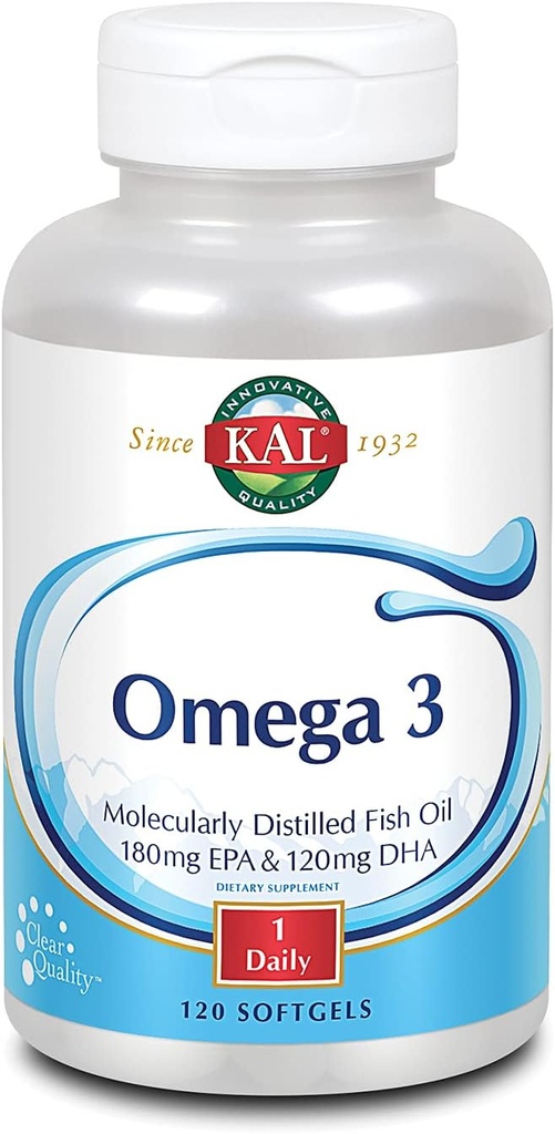 KAL Omega 3 Ø Omega-3 Fish Oil for Healthy Heart, Joint &amp; Brain Support tención 180mg EPA, 120mg DHA (120 CT, 120 Serv)