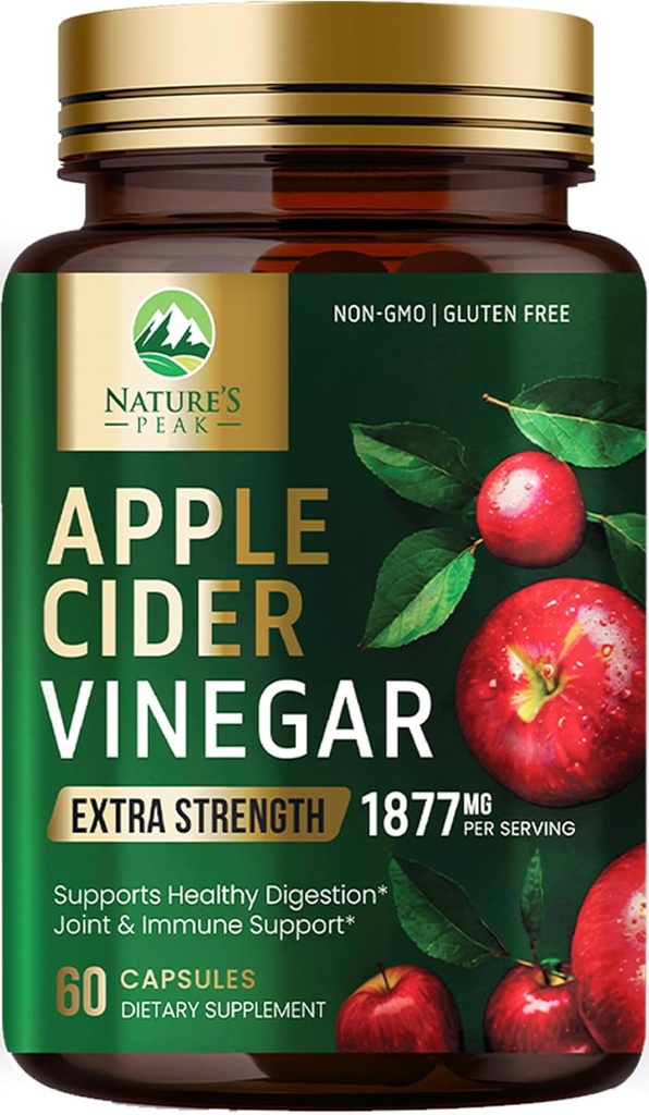 Apple Cider Vinegar Capsules ACV Suplementos 1877mg, Vitamina D3, Zinc &amp; Best ACV Suplemento Pills Apoyo Gut Health for Better Digestion, Immune System Support, Non-GMO & Gluten Free, 60 cápsulas