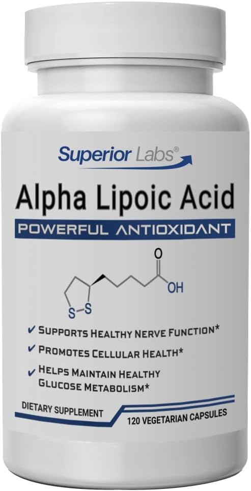 Laboratorios Superiores Ácido Lipoico alfa 600 mg Cápsulas, ALA pura no GMO, Absorción alta, soporte nervioso, Circulación sana y respuesta al nervio, Antioxidante envejecido saludable, 120 Cápsulas de Veg, Suministro de 4 meses